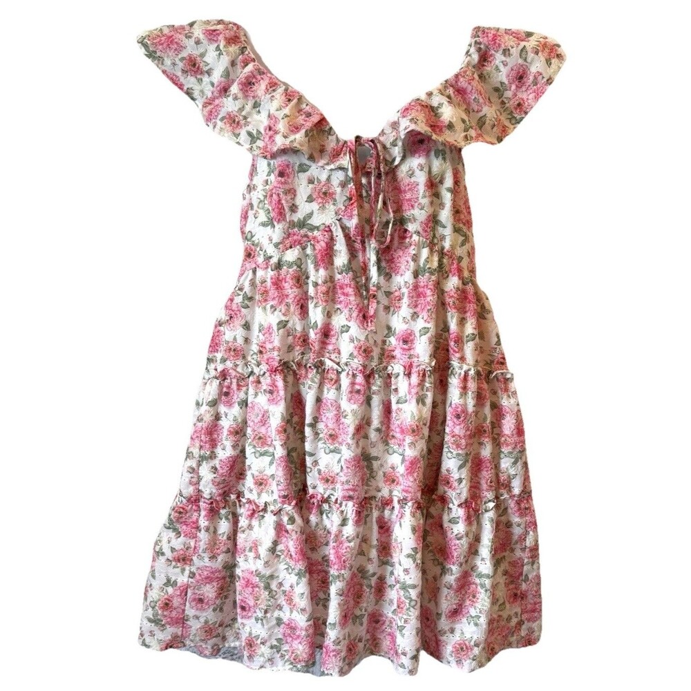 Just Me Dress Size Large Mini Floral Pink Lined Cottagecore Flutter Sleeve - Picture 3 of 16